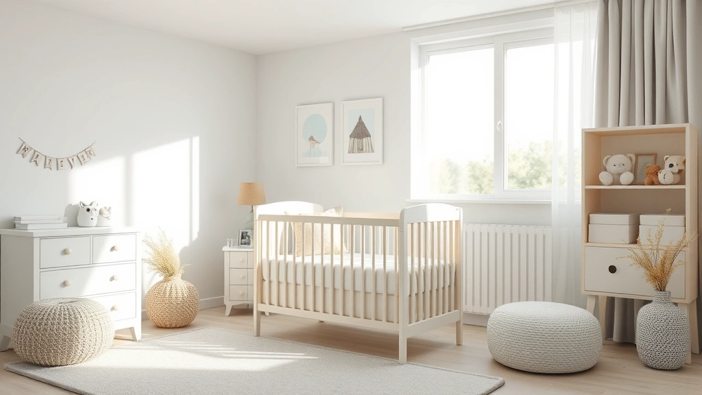 Peaceful nursery with crib, soft lighting, white bedding, and minimal decor, photorealistic style