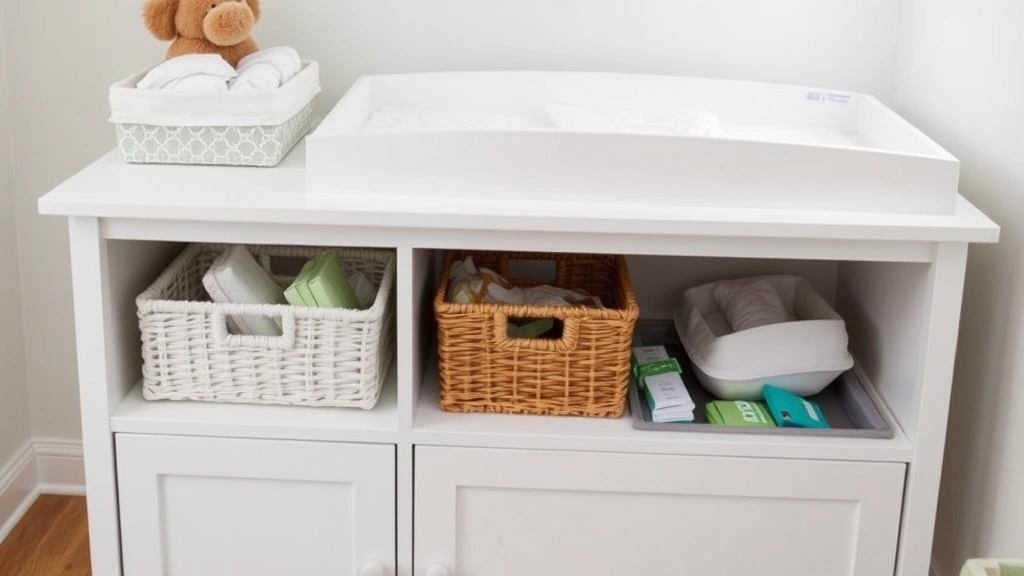 Organized changing table with storage baskets, diapers, wipes, and changing pad in a bright room