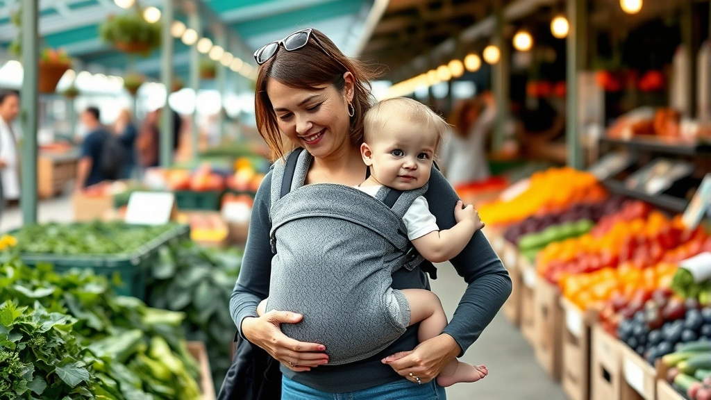 Mother using structured baby carrier while shopping at farmers market, hands-free parenting in action
