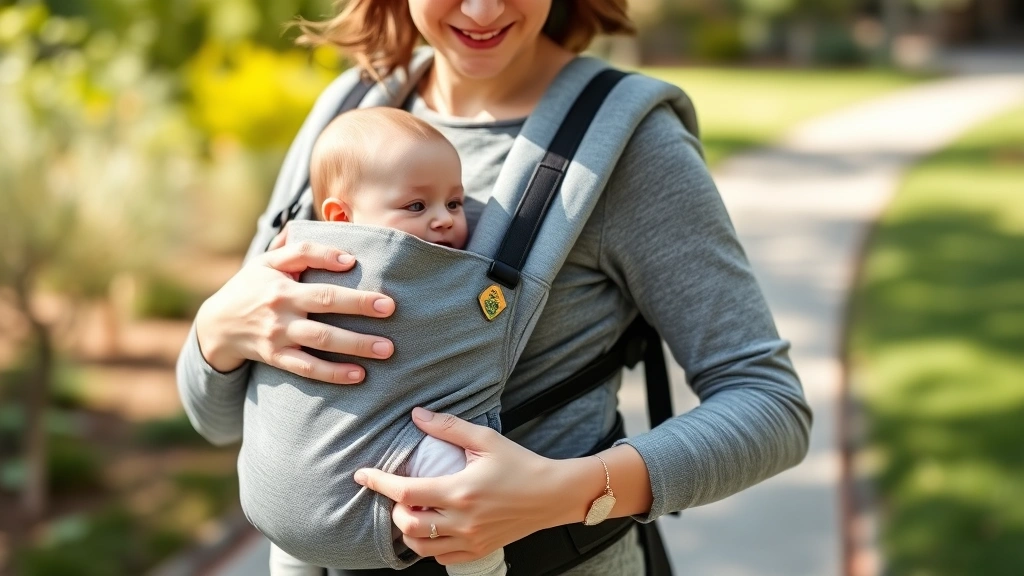 Parent holding newborn in comfortable carrier while walking outdoors in natural daylight