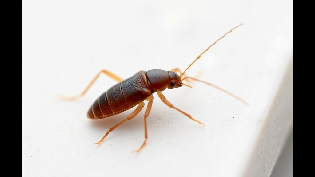 Small brown cockroach nymph on white surface, close-up macro view, no text no words no letters