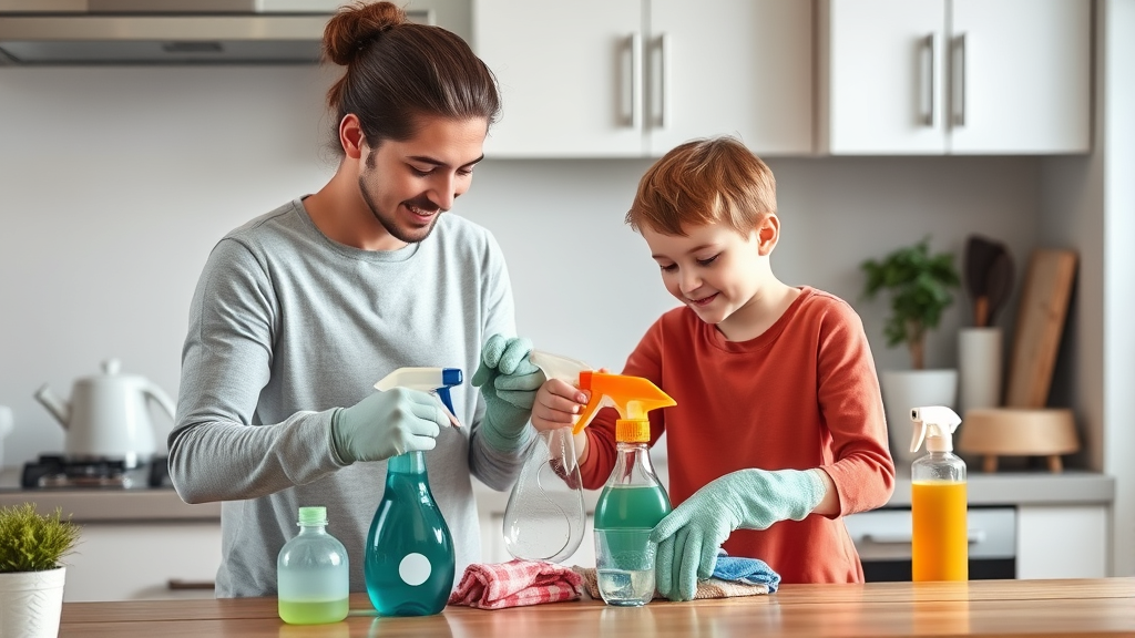Parent and child cleaning kitchen together, spray bottles and cloths, no text no words no letters
