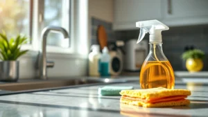 Close-up of kitchen counter with cleaning supplies, sponge, and spray bottle during sanitization process, bright natural lighting
