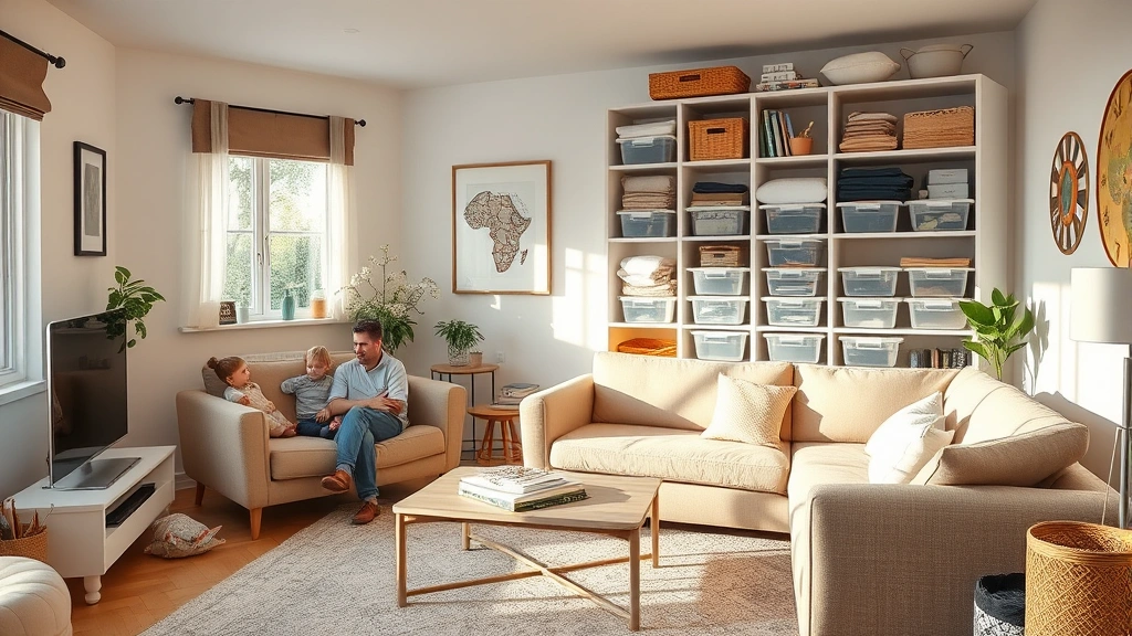 Family living room organized and clean with sealed storage containers, minimal clutter, organized shelving with plastic bins