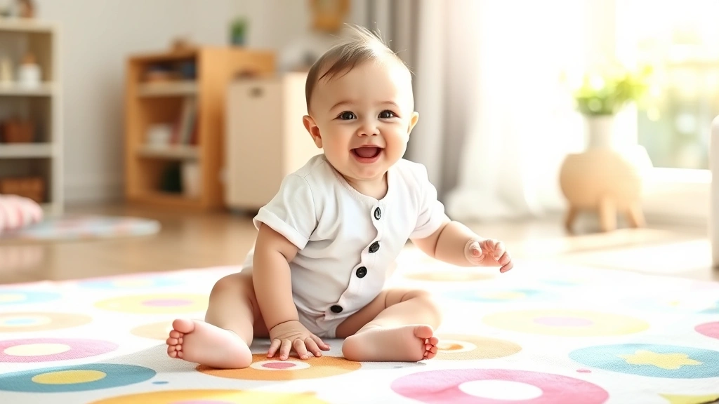 Happy infant in soft cotton romper playing on a colorful play mat, bright natural lighting, cheerful home setting