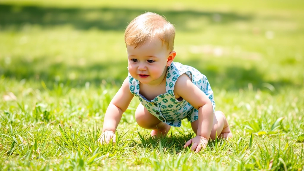 Adorable toddler wearing patterned romper crawling outdoors in grass, sunny day, natural outdoor environment