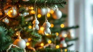 A cozy living room with a decorated Christmas tree, close-up of delicate baby ornaments hanging on evergreen branches with warm golden lights, soft focus background