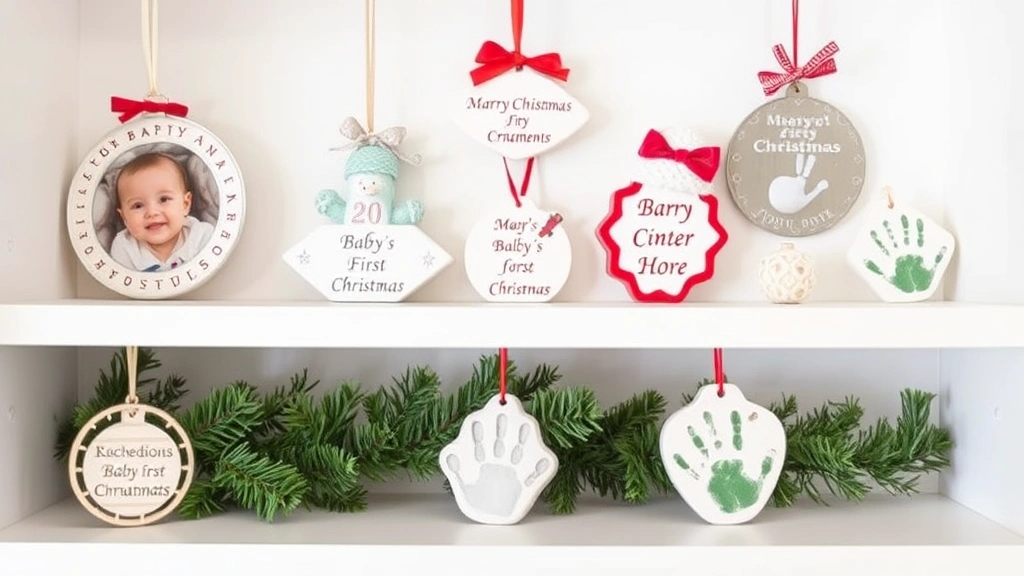 A collection of various baby's first Christmas ornaments displayed on a white shelf, including photo ornaments, engraved pieces, and handprint designs, decorated with greenery