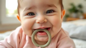 Close-up of a smiling six-month-old baby with a silicone teething ring in mouth, wearing soft pastel clothing, sitting on a light blanket with natural window lighting