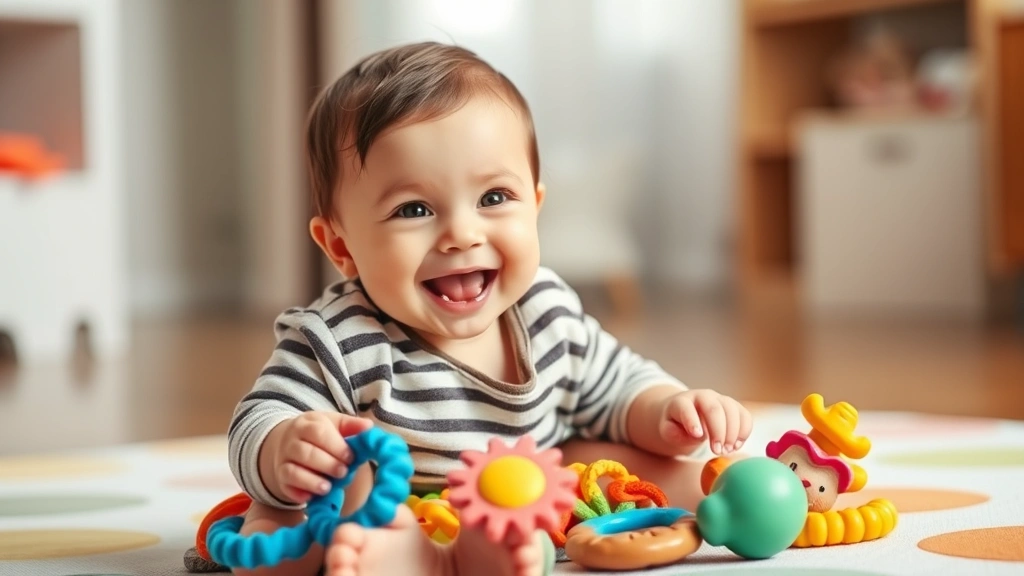 Happy toddler playing with multiple colorful teething toys, sitting on a playmat, exploring different textures with hands and mouth, warm indoor lighting