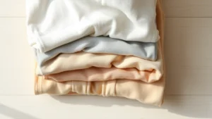 Soft-focused overhead shot of neutral-toned baby clothing folded neatly—cream linen, soft grey cotton, warm beige pieces—on a light wooden surface with natural morning light