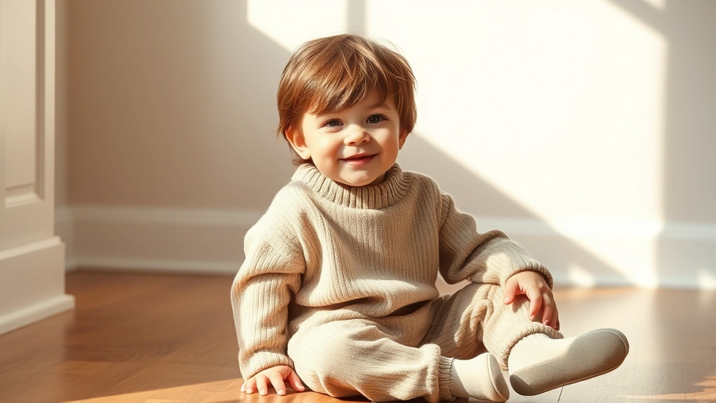 Toddler boy wearing neutral earth-tone oversized sweater and comfortable joggers, sitting on wooden floor surrounded by soft natural light, genuine smile