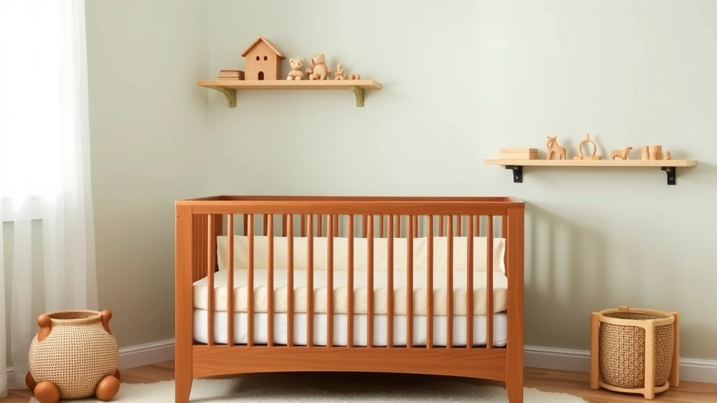 A peaceful nursery corner featuring a simple wooden crib with cream bedding, soft sage green walls, and minimal wooden toys arranged on floating shelves