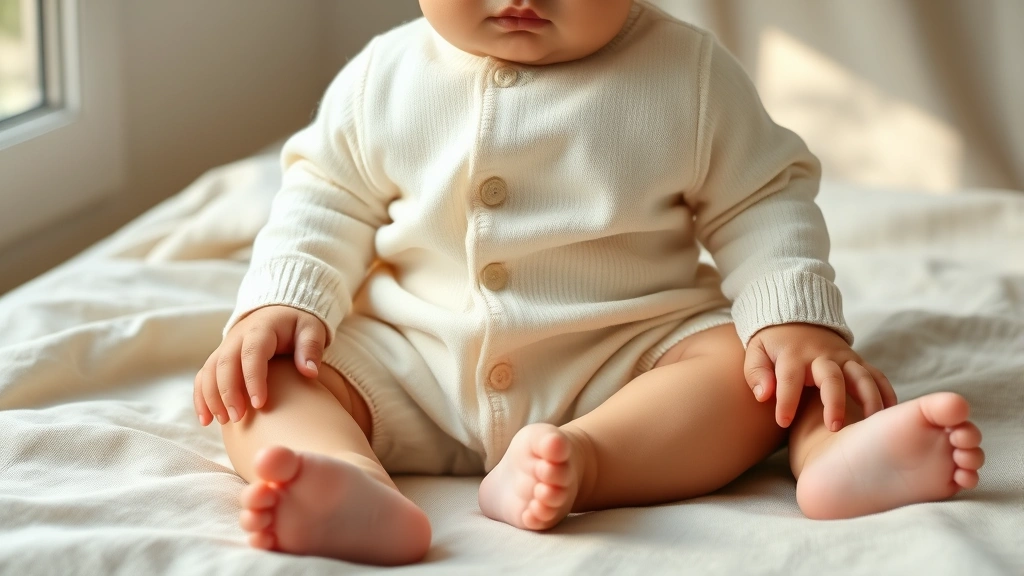 Close-up of a baby boy wearing a simple cream-colored organic cotton outfit, sitting peacefully on natural linen fabric, soft natural lighting from a window