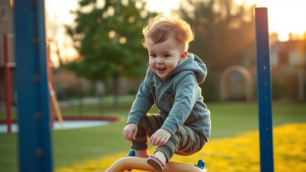 Child playing actively outdoors in reinforced practical clothing, climbing on playground equipment, natural movement captured mid-action during golden hour