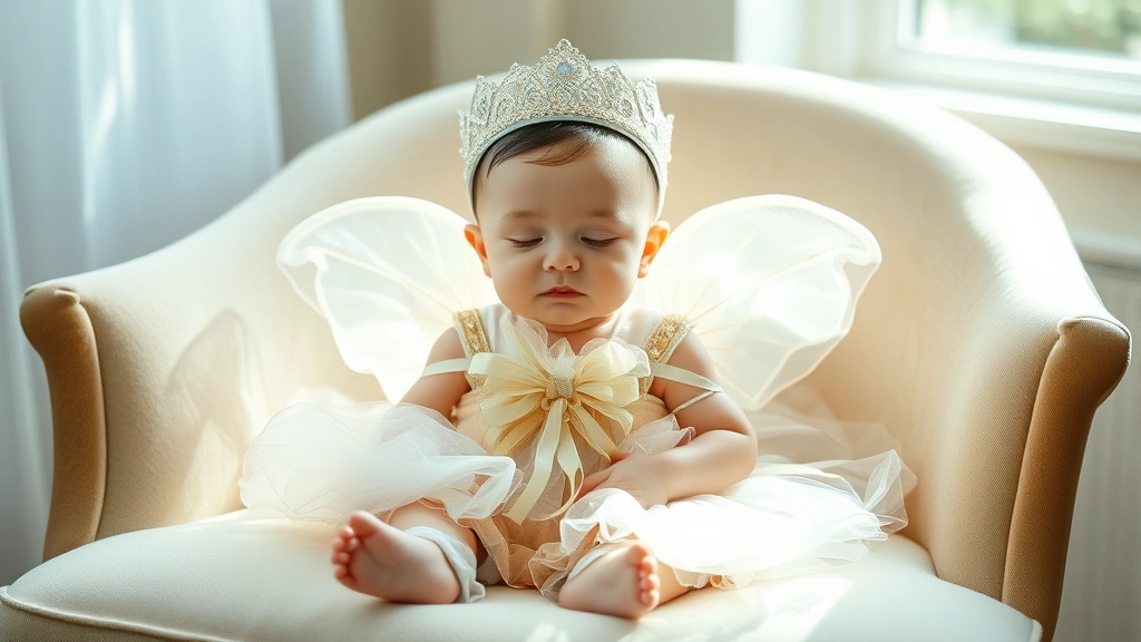 A baby wearing a delicate ethereal costume with layered flowing fabrics and a soft crown, sitting peacefully on a cushioned chair in natural lighting