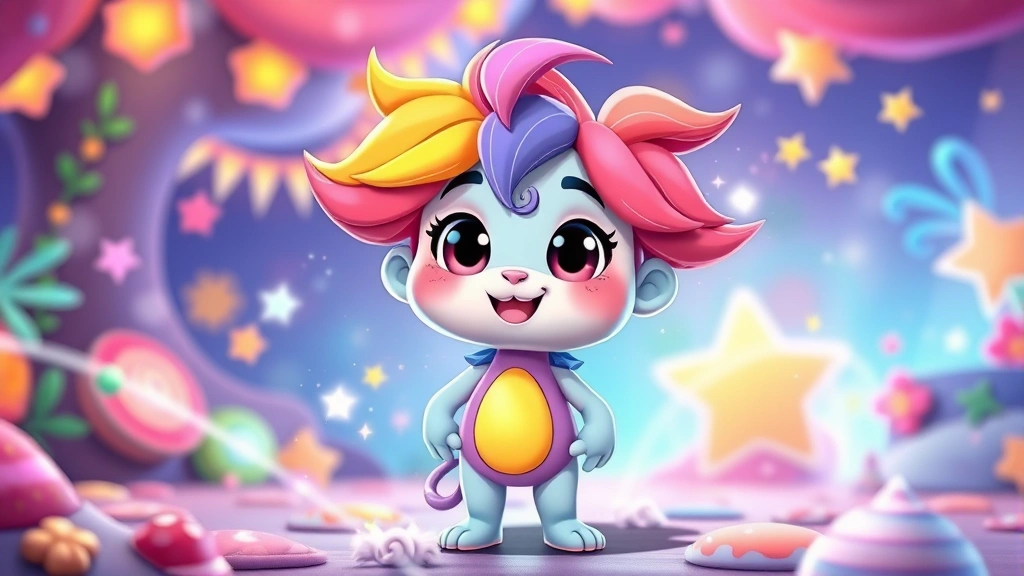 Colorful animated character with cute features standing confidently in vibrant fantasy setting with magical energy swirling around, bright cheerful atmosphere, playful expression