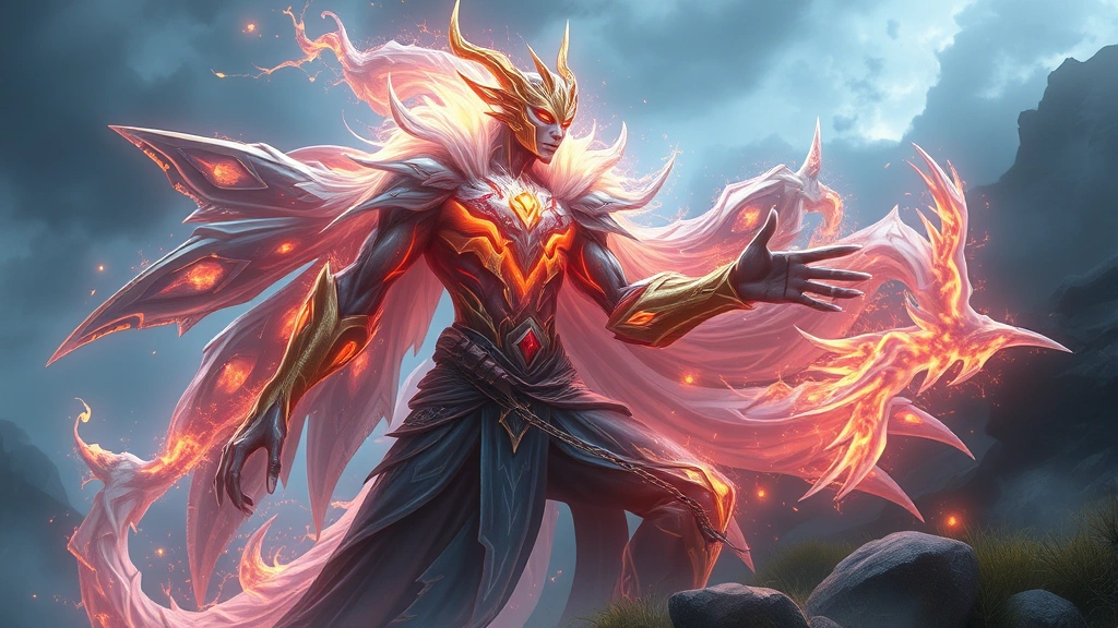 Transformation complete showing alternate form with enhanced design elements, glowing ethereal effects surrounding character, fantasy landscape backdrop, mystical atmosphere with visible energy