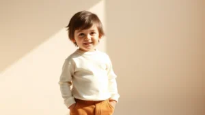 Young child wearing cream-colored long-sleeved shirt and warm brown pants, standing in natural sunlight with soft neutral background, smiling gently