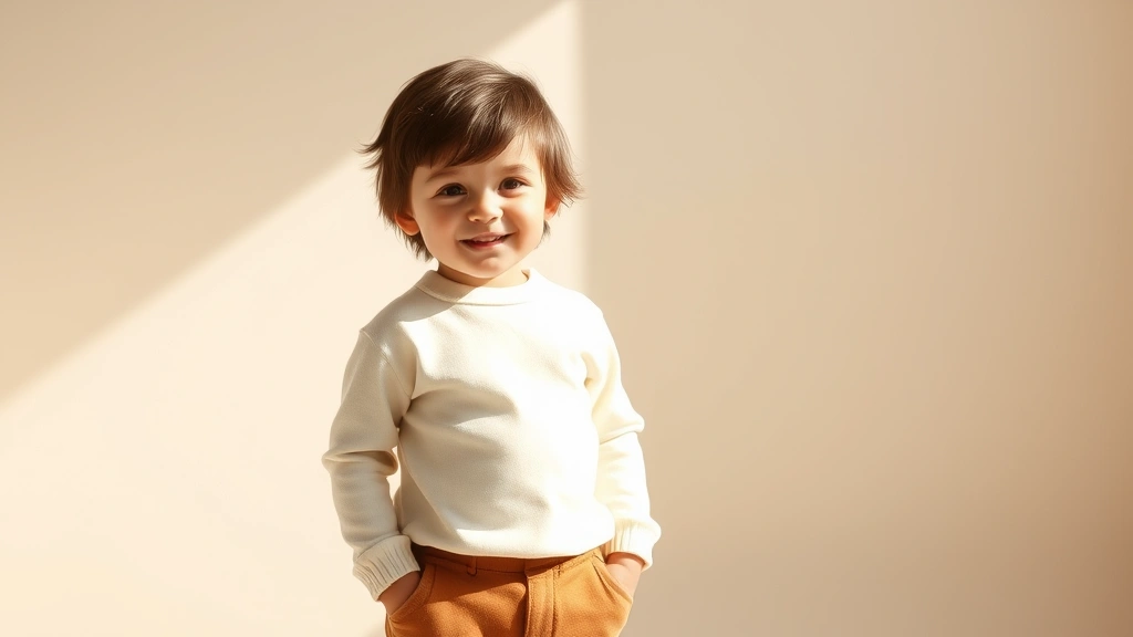 Young child wearing cream-colored long-sleeved shirt and warm brown pants, standing in natural sunlight with soft neutral background, smiling gently