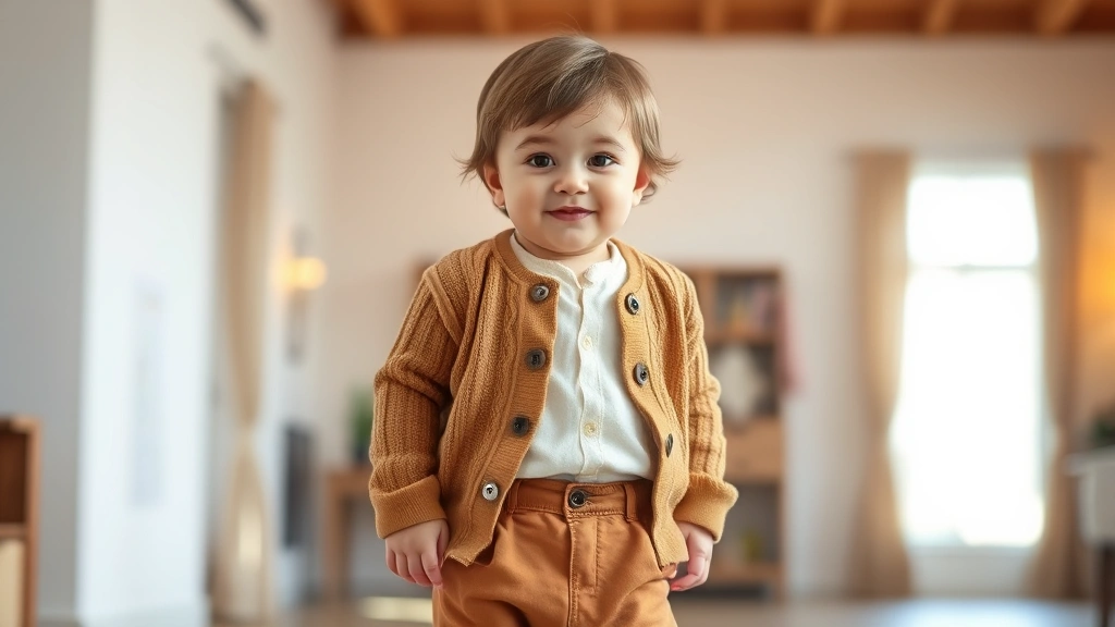 Child wearing layered Baby Saja-inspired outfit with cream base, tan cardigan, and brown pants, posing confidently in bright indoor setting with warm lighting