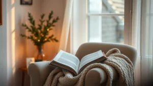 Cozy reading nook with soft lighting, comfortable chair, open book, warm blanket, peaceful home setting, no text visible
