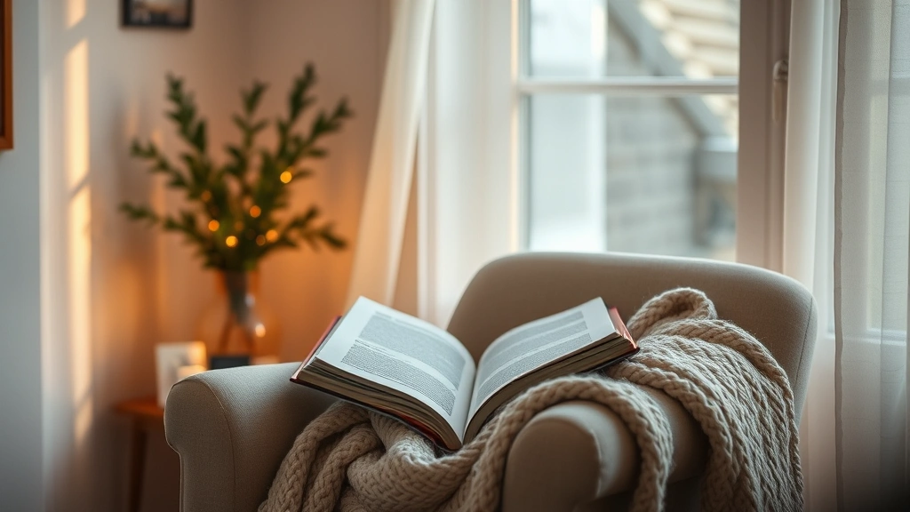 Cozy reading nook with soft lighting, comfortable chair, open book, warm blanket, peaceful home setting, no text visible