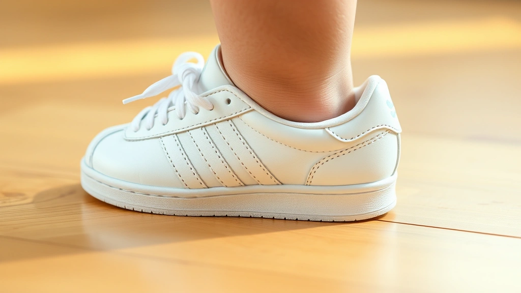 Close-up of a baby's foot wearing classic white leather Adidas Samba sneaker with three stripes, standing on wooden floor, natural daylight