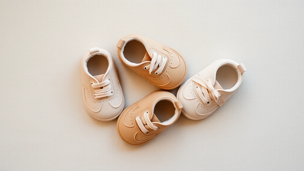 Flat lay of three baby Samba shoes in different neutral colorways arranged artfully on a soft neutral linen background