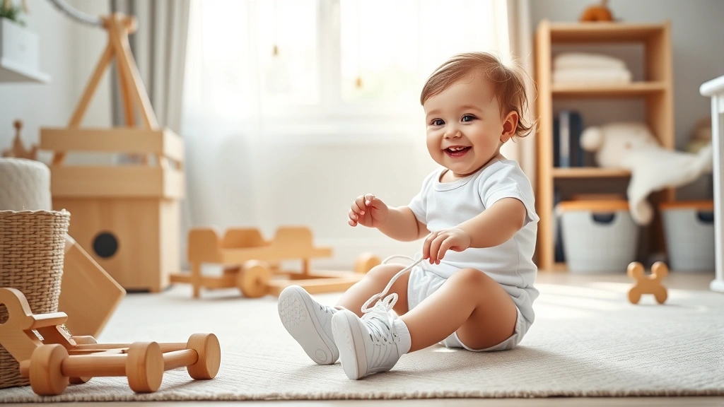 Happy toddler wearing white Samba sneakers playing in a modern nursery with wooden toys and soft natural light streaming through window