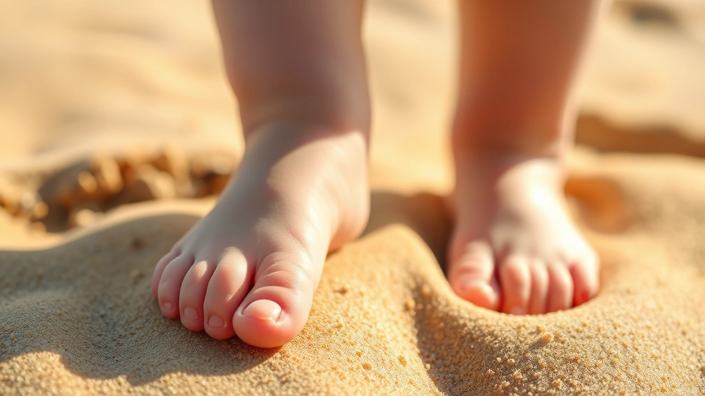 Close-up of a toddler's bare feet on warm sand at the beach, sunlight filtering through, emphasizing delicate toes and sole texture