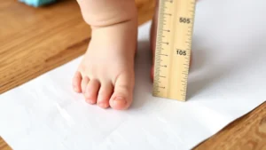 Close-up of toddler's foot being measured with a ruler on white paper, showing proper foot measurement technique for shoe sizing