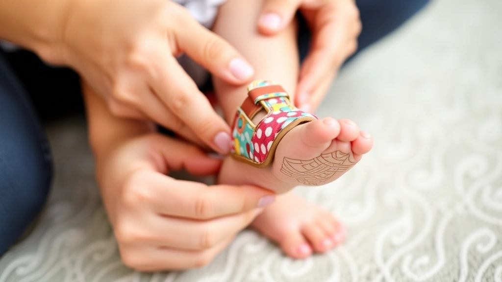 Parent's hands gently fitting a colorful sandal onto a baby's tiny foot, showing proper fit with focus on the heel and toe area