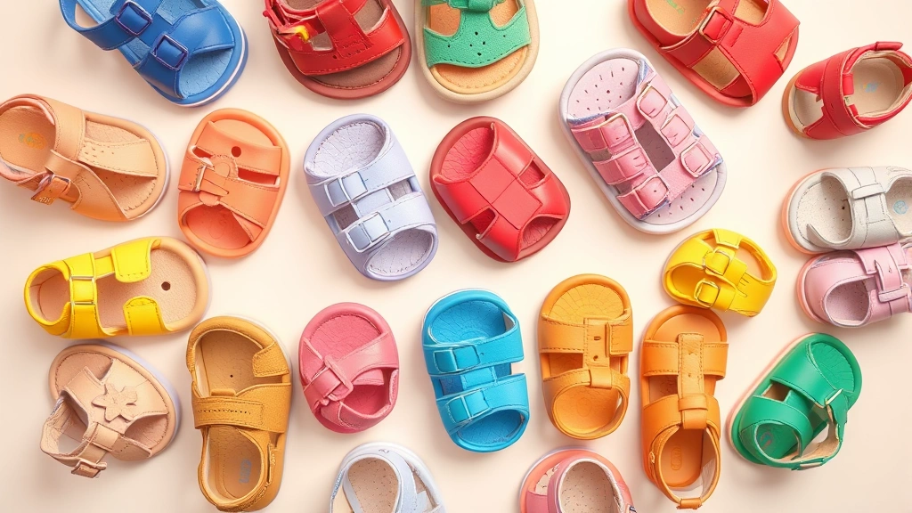 Overhead view of various colorful baby sandals arranged on a light background, displaying different styles and closure systems
