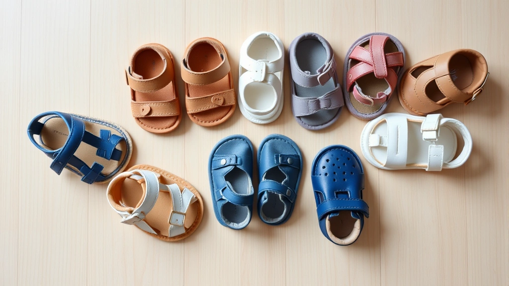 Variety of baby sandals arranged on a light wooden surface, showcasing different styles and colors without branding, photographed from above with natural lighting