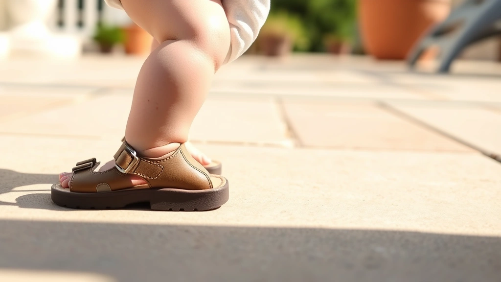 Side profile of a baby wearing well-fitting sandals while taking first steps on a sunny patio, showing proper sandal positioning and support