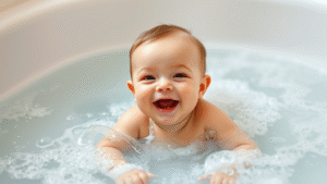 Happy baby splashing in warm bath water with gentle bubbles, soft lighting, peaceful bathroom setting, no text no words no letters