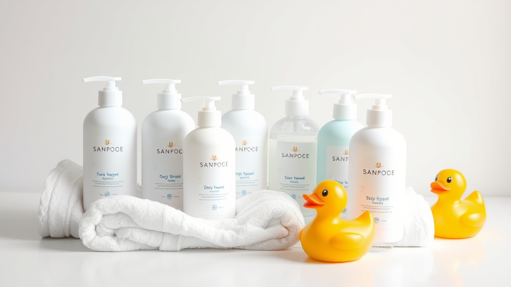 Collection of gentle baby shampoo bottles on clean white surface with soft towels and rubber duck, no text no words no letters