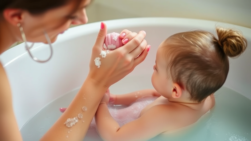 Mother gently washing baby hair with loving care in bathtub, warm lighting, tender moment, no text no words no letters