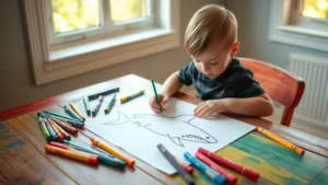 A toddler sitting at a colorful wooden table with markers and crayons spread out, concentrating on coloring a shark outline, warm natural lighting from a window