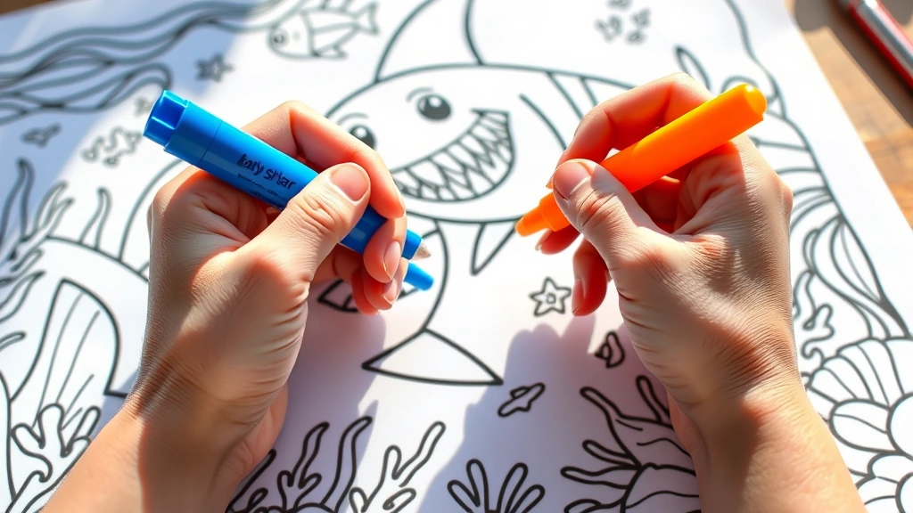 Close-up of small hands holding blue and orange markers over a Baby Shark coloring page with ocean waves and fish, bright daylight illuminating the page