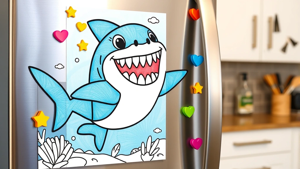 A completed Baby Shark coloring page displayed on a refrigerator door with colorful magnets, showing vibrant blues, oranges, and purples, family kitchen background
