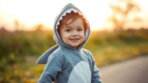 Toddler wearing gray shark costume with fin, smiling and posing happily outdoors during golden hour, natural lighting
