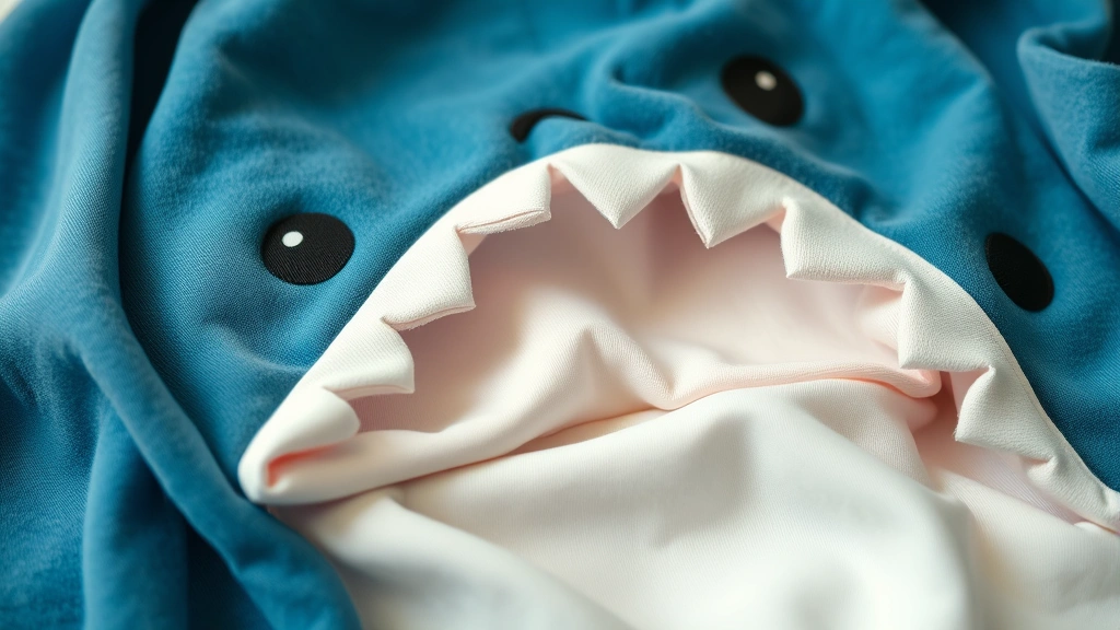 Close-up of baby shark costume fabrics and materials laid out, showing different textures and colors, soft lighting