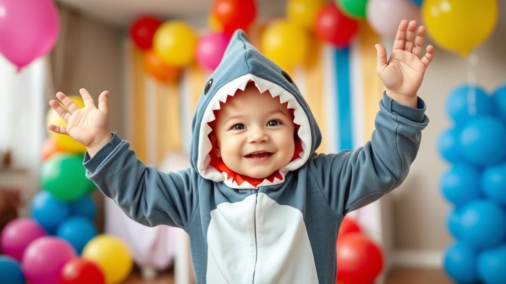 Young child in full shark bodysuit doing playful shark pose with arms raised, indoor party setting with colorful balloons