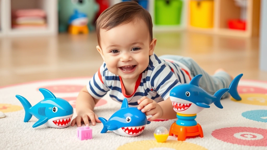 Toddler playing with colorful shark-themed toys on a soft play mat, smiling with genuine joy and engagement in imaginative play