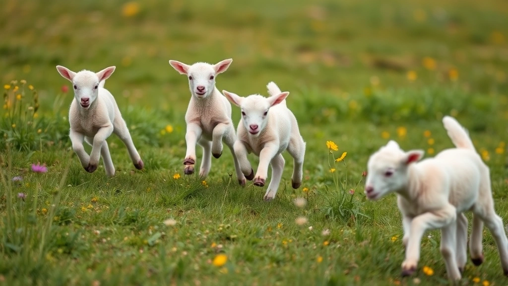 Group of playful lambs running and jumping in a green pasture with wildflowers, showing typical lamb behavior and energy
