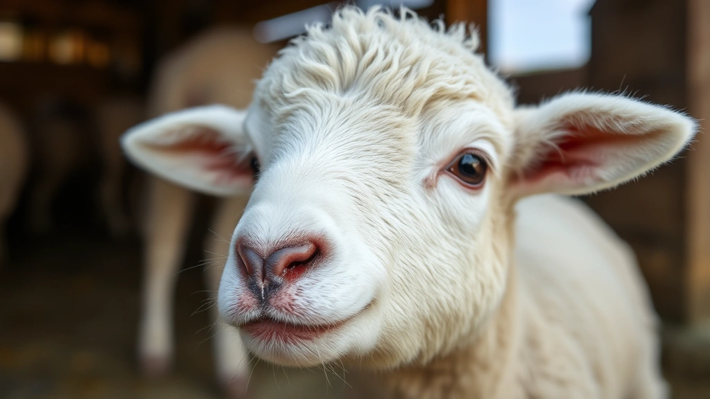 Close-up of a young lamb's face showing its wool texture and innocent expression, with blurred farm background