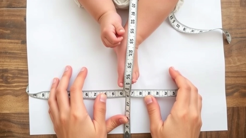 Close-up of a parent's hands measuring a baby's foot with a measuring tape on white paper, showing proper foot measurement technique