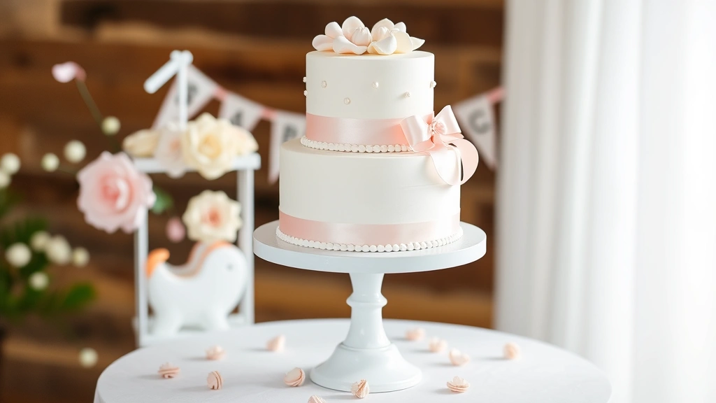 Elegant two-tier white cake with soft pink ribbons and delicate piped details on a white pedestal cake stand, surrounded by baby shower decorations
